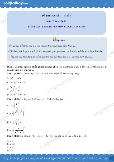 Đề thi học kì 2 Toán 11 - Đề số 5
